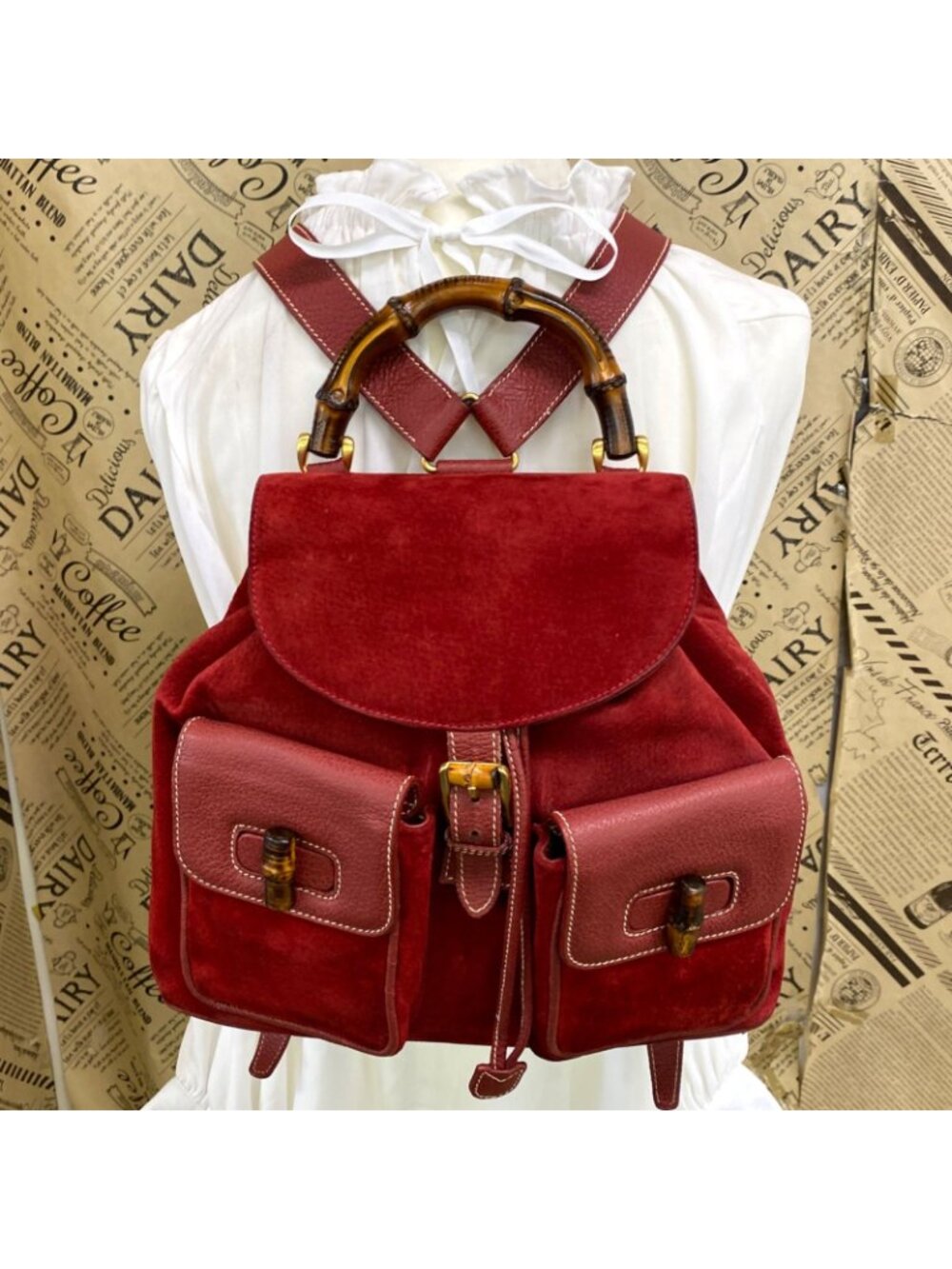 Gucci Backpack Suede Red Travel Business Bamboo - Picture 3 of 15